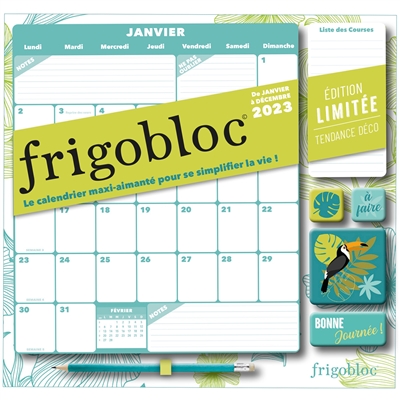 Frigobloc tendance déco vert : le calendrier maxi-aimanté pour se simplifier la vie ! : de janvier à décembre 2023