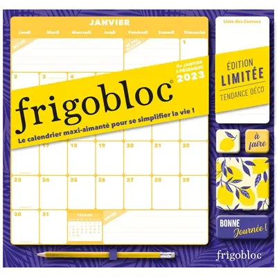 Frigobloc tendance déco bleu : le calendrier maxi-aimanté pour se simplifier la vie ! : de janvier à décembre 2023