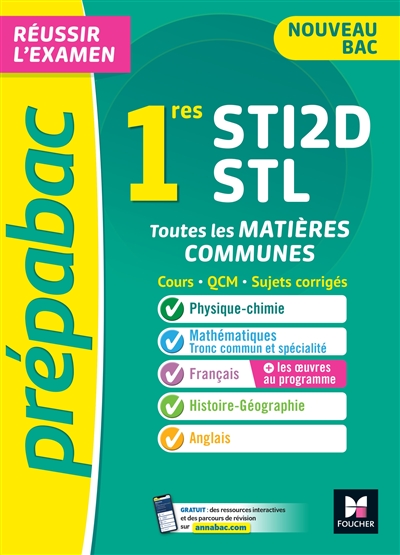 1res STI2D, STL : toutes les matières communes, cours, QCM, sujets corrigés : nouveau bac