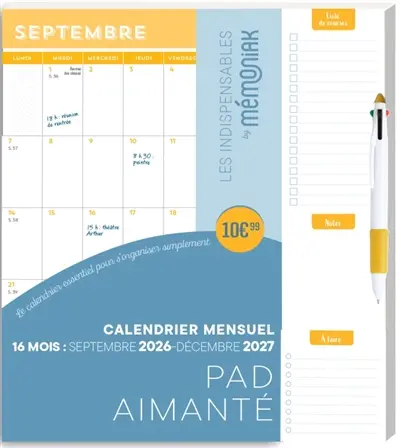 Pad aimanté mensuel 2027 avec stylo 4 couleurs : calendrier mensuel janvier-décembre 2027