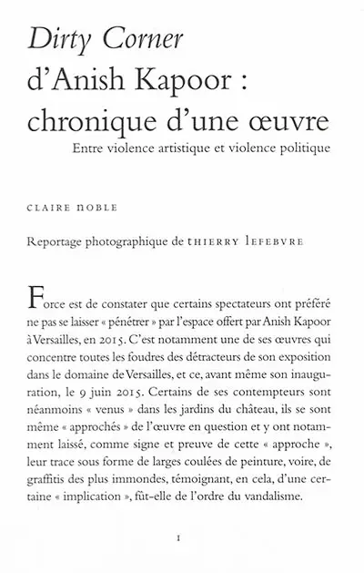 Dirty corner d'Anish Kapoor : chronique d'une oeuvre : entre violence artistique et violence politique