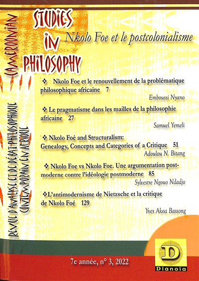 Cameroonian : studies in philosophy : revue d'analyse et de débat philosophique contemporain en Afrique, n° 3. Nkolo Foe et le postmodernisme