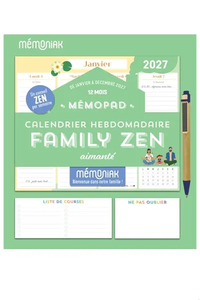Mémopad, calendrier hebdomadaire aimanté Mémoniak 2027 : family zen : 12 mois, de janvier à décembre 2027