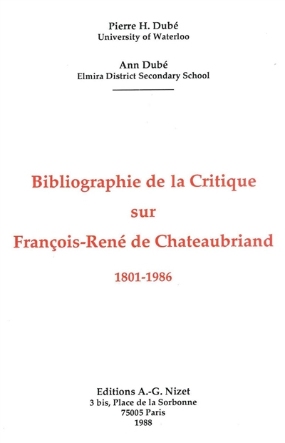 Bibliographie de la critique sur François-René de Chateaubriand : 1801-1986