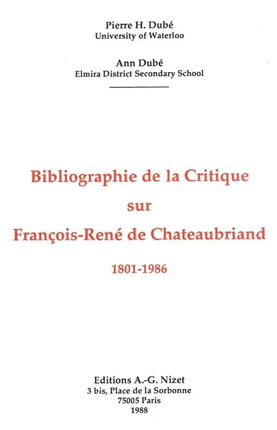 Bibliographie de la critique sur François-René de Chateaubriand : 1801-1986