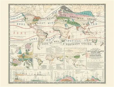 Carte des plantes alimentaires. Map of the most important plants yielding food