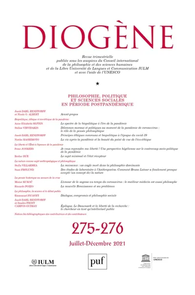 Diogène, n° 275-276. Philosophie, politique et sciences sociales en période postpandémique