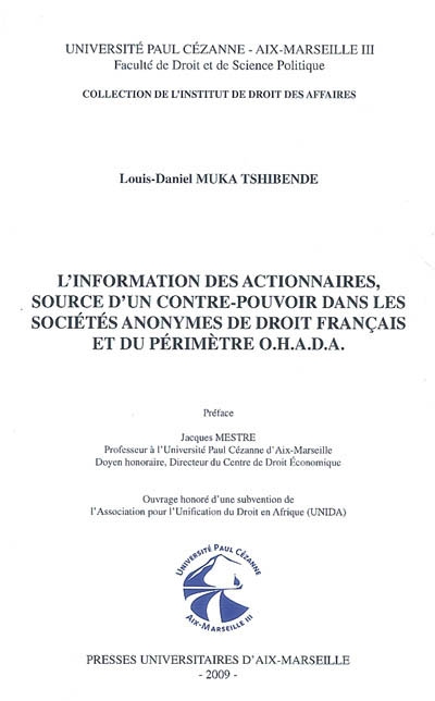 L'information des actionnaires, source d'un contre-pouvoir dans les sociétés anonymes de droit français et du périmètre OHADA