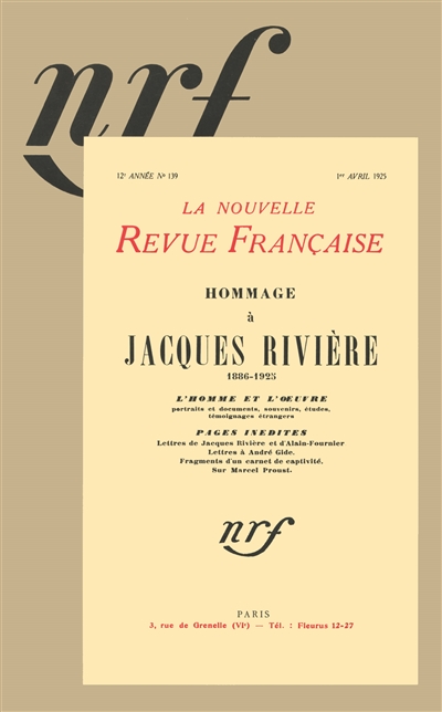 Hommage à Jacques Rivière : 1886-1925