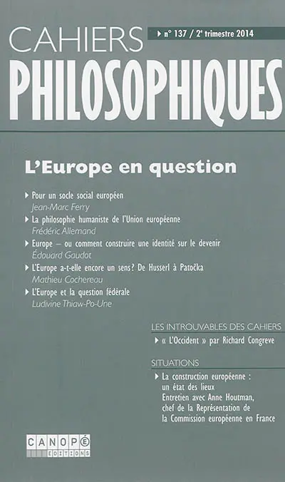 Cahiers philosophiques, n° 137. L'Europe en question