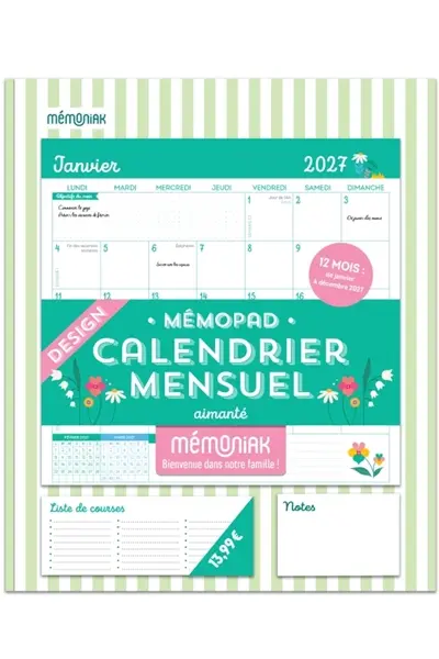 Mémopad, calendrier mensuel aimanté Mémoniak 2027 : design : 12 mois, de janvier à décembre 2027