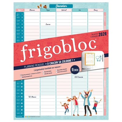 Frigobloc : planning mensuel, à chacun sa colonne ! : de janvier à décembre 2026
