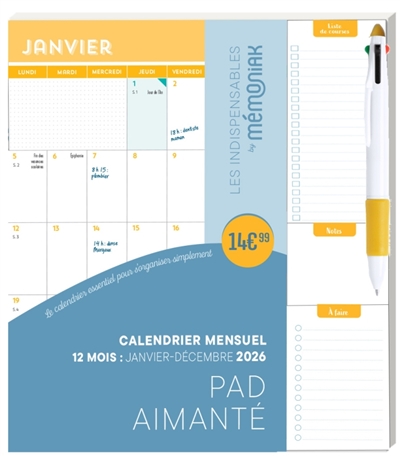 Calendrier mensuel : 12 mois, janvier-décembre 2026 : pad aimanté