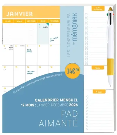 Calendrier mensuel : 12 mois, janvier-décembre 2026 : pad aimanté