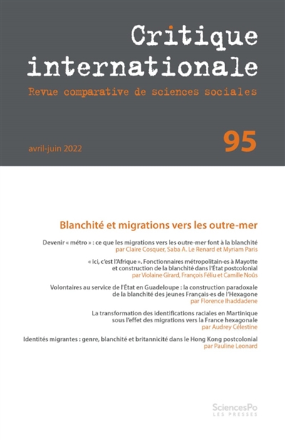 Critique internationale, n° 95. Blanchité et migrations vers les outre-mer