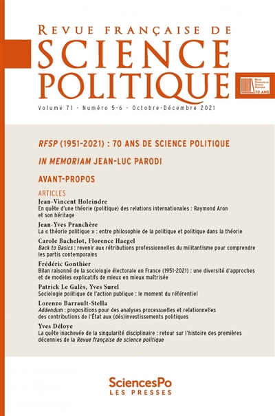 Revue française de science politique, n° 71-5-6. RFSP (1951-2021) : 70 ans de science politique : in memoriam Jean-Luc Parodi
