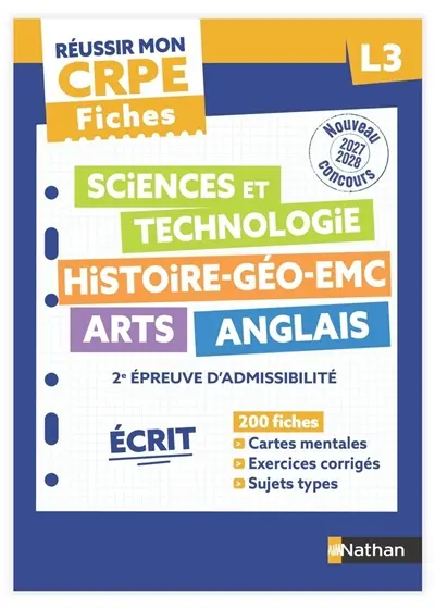 Fiches sciences et technologie, histoire géo EMC, arts, anglais : 2e épreuve d'admissibilité, écrit L3 : nouveau concours 2027-2028