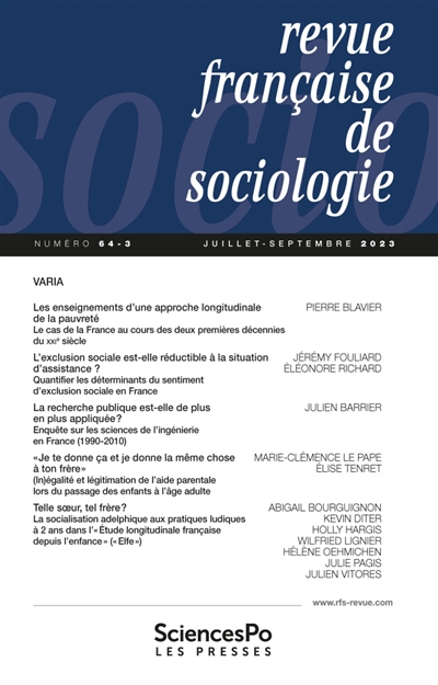 Revue française de sociologie, n° 64-3. Varia