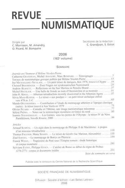 Revue numismatique, n° 162. Journée en l'honneur d'Hélène Nicolet-Pierre