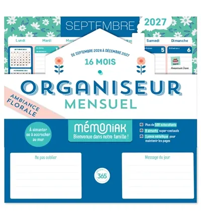 Organiseur mensuel Mémoniak 2027 : 16 mois, de septembre 2026 à décembre 2027 : ambiance florale