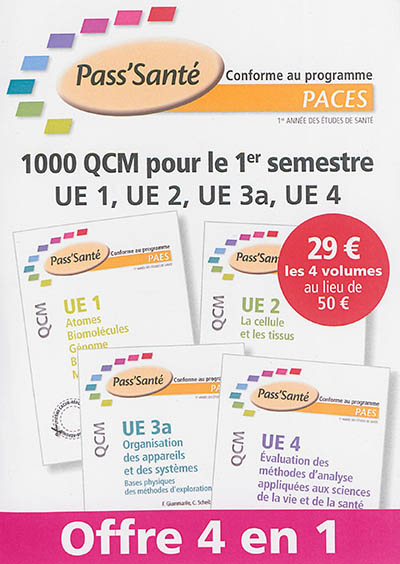 1.000 QCM pour le 1er semestre : UE 1, UE 2, UE 3a, UE 4 : conforme au programme PACES, 1re année des études de santé