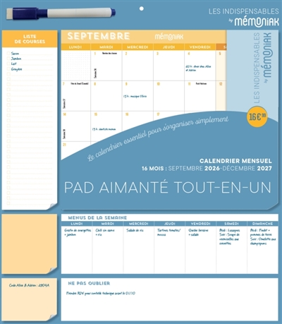 Pad aimanté tout-en-un : calendrier mensuel 16 mois : septembre 2026-décembre 2027