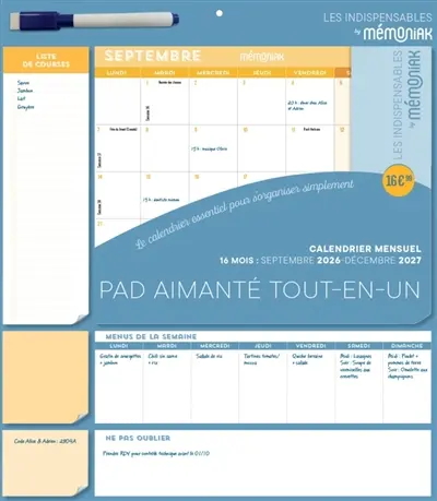 Pad aimanté tout-en-un : calendrier mensuel 16 mois : septembre 2026-décembre 2027