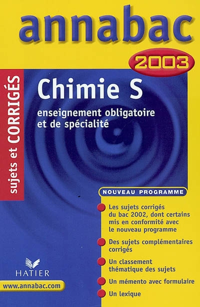 Chimie, S (enseignement obligatoire et de spécialité) : 2003