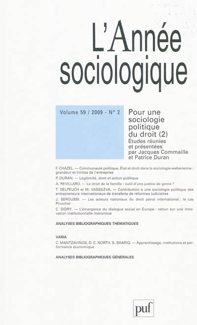 Année sociologique (L'), n° 2 (2009). Pour une sociologie politique du droit, 2