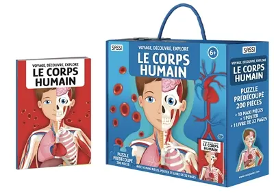 Voyage, découvre, explore. Le corps humain : puzzle prédécoupé 200 pièces avec 10 maxi pièces, 1 poster et 1 livre de 32 pages