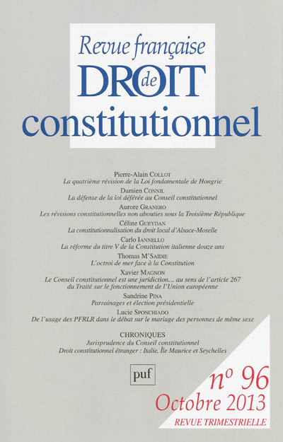 Revue française de droit constitutionnel, n° 96 (2013)