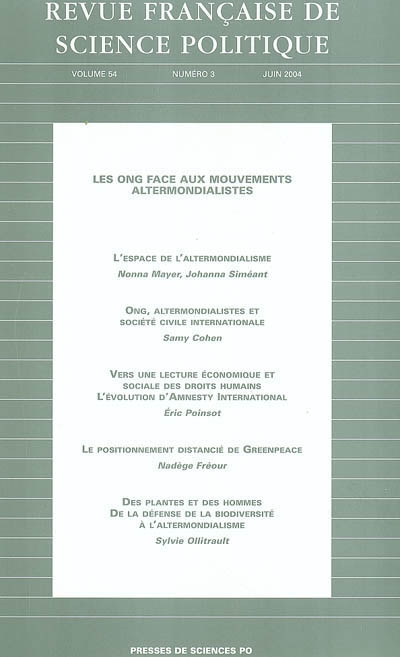 Revue française de science politique, n° 3 (2004). Les ONG face aux mouvements altermondialistes