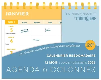 Calendrier hebdomadaire 12 mois : janvier-décembre 2026 : agenda 6 colonnes