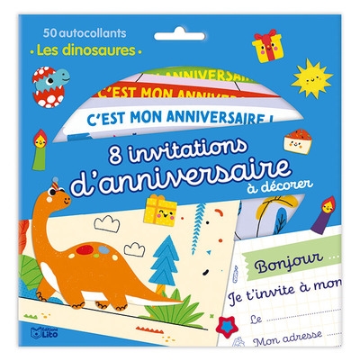 8 invitations d'anniversaire à décorer : les dinosaures : 50 autocollants
