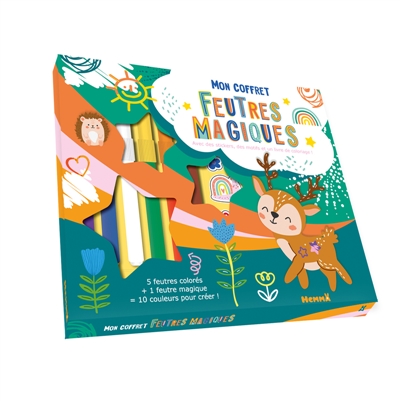 Mon coffret feutres magiques : Avec des stickers, des motifs et un livre de coloriage ! 5 feutres colorés + 1 feutre magique = 10 couleurs pour créer !