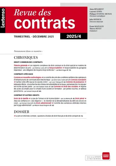 Revue des contrats, n° 4 (2025). Le prix en droit des contrats : questions choisies de droit français et de droit comparé Revue des contrats, n° 4 (2025). Le prix en droit des contrats : questions choisies de droit français et de droit comparé