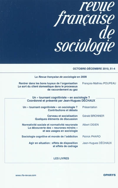 Revue française de sociologie, n° 51-4. Un tournant cognitiviste en sociologie ?
