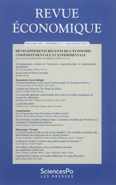 Revue économique, n° 68-5. Développements récents de l'économie comportementale et expérimentale
